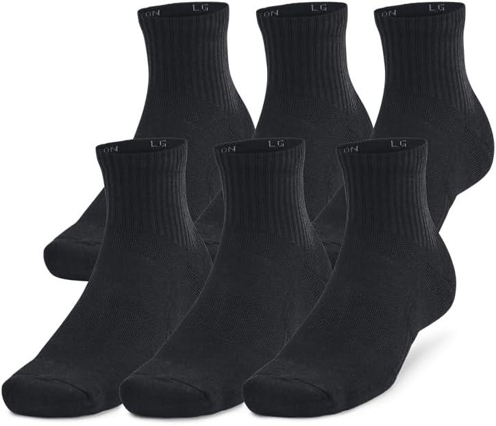 Under Armour Unisex Adult Training Cotton Quarter Socks (6 Pairs) (Large, (001) Black / Black / White)