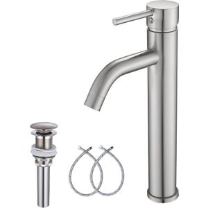 GGStudy Brushed Nickel Bathroom Faucet Single-Handle 1 Hole Bathroom Vessel Sink Faucet Matching Pop Up Drain (Tall)