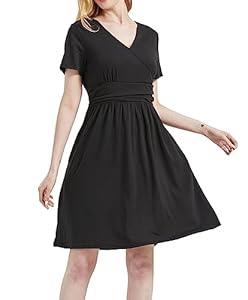 DaniChins Women's High Waist Short Sleeve Casual A-Line Swing Midi Dress with Pockets (01, M) Black