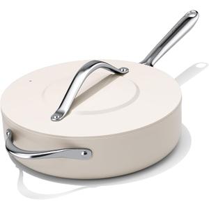 CookinCraze Nonstick Ceramic Saut Pan with Lid (4.5 qt, 11") Deep Frying Pan for All Cooktops Non Toxic Skillet PTFE/PFOA/PFAS Free, Even Heat Distribution, Oven Safe w/Stay-Cool Handle, Cream