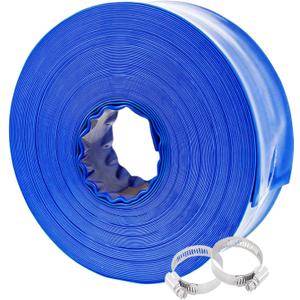 Poolvio 1-1/2" x 100' Professional Blue Backwash Hose with Clamps, General Purpose Reinforced PVC Lay-Flat Water Discharge Hose,for Use While Back-Washing Filters and Draining Pools