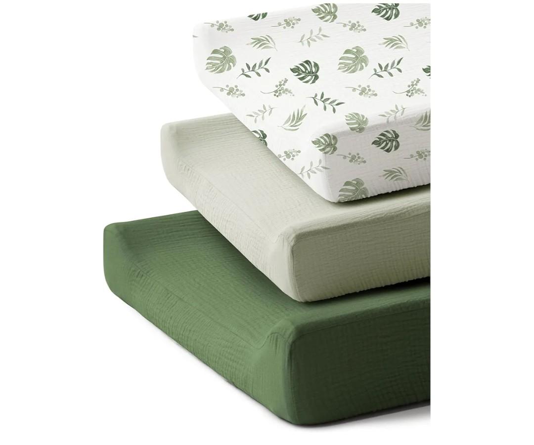 3 Pack Muslin Changing Pad Covers for Girl, Boy, 100% Soft Cotton Changing Table Cover, Breathable Baby Nursery Diaper Chang Pad Sheets (Leaf)