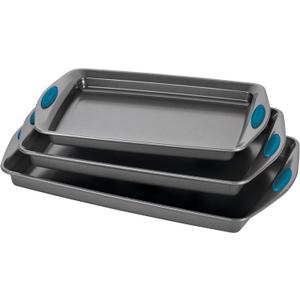 Rachael Ray Bakeware Nonstick Cookie Pan Set, 3-Piece, Gray with Marine Blue Grips