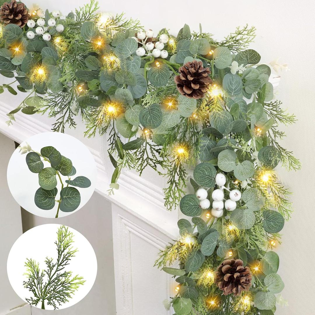 Prelit & Timer - 6 Ft Christmas Garland with Lights, Real Touch Cedar Garland Soft Bendable Thickness Eucalyptus Cypress Pine Garland with Pinecone Berry, Lighted Garlands for Mantle Table Stairs