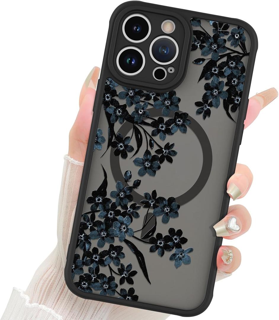 Fiyart Designed for iPhone 13 Pro Max Case Matte Flowers Design Compatible with MagSafe Wireless Charging,Cute Floral Anti-Scratch Translucent Phone Cover for Women Girls 6.7"-Black