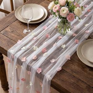9.8 ft Pink Flower Table Runner Embroidery Seasonal Table Decorations Tulle Fabric for Home Indoor Decor, Bridal Shower Wedding, Baby Shower Parties, Holiday DIY Craft Kitchen Decor