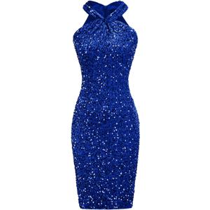GRACE KARIN Sequin Dress for Women Sleeveless Sparkly Glitter Halter Dress Bodycon Mini Club Dresses 2025 (Large, Royal Blue)