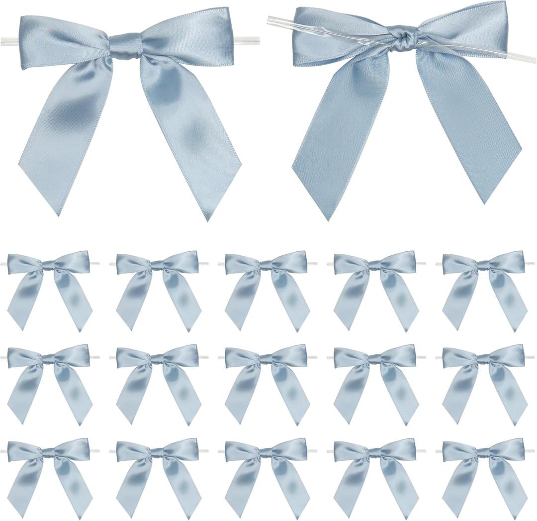 Dusty Blue Twist Tie Bows for Treat Bags 3.5" Pre-Tie French Blue Bows Satin Ribbon Bows for Gift Wrapping Premade Bows for Crafts, Party Favors, Wedding, Baby Shower Decorations (50 Pack)