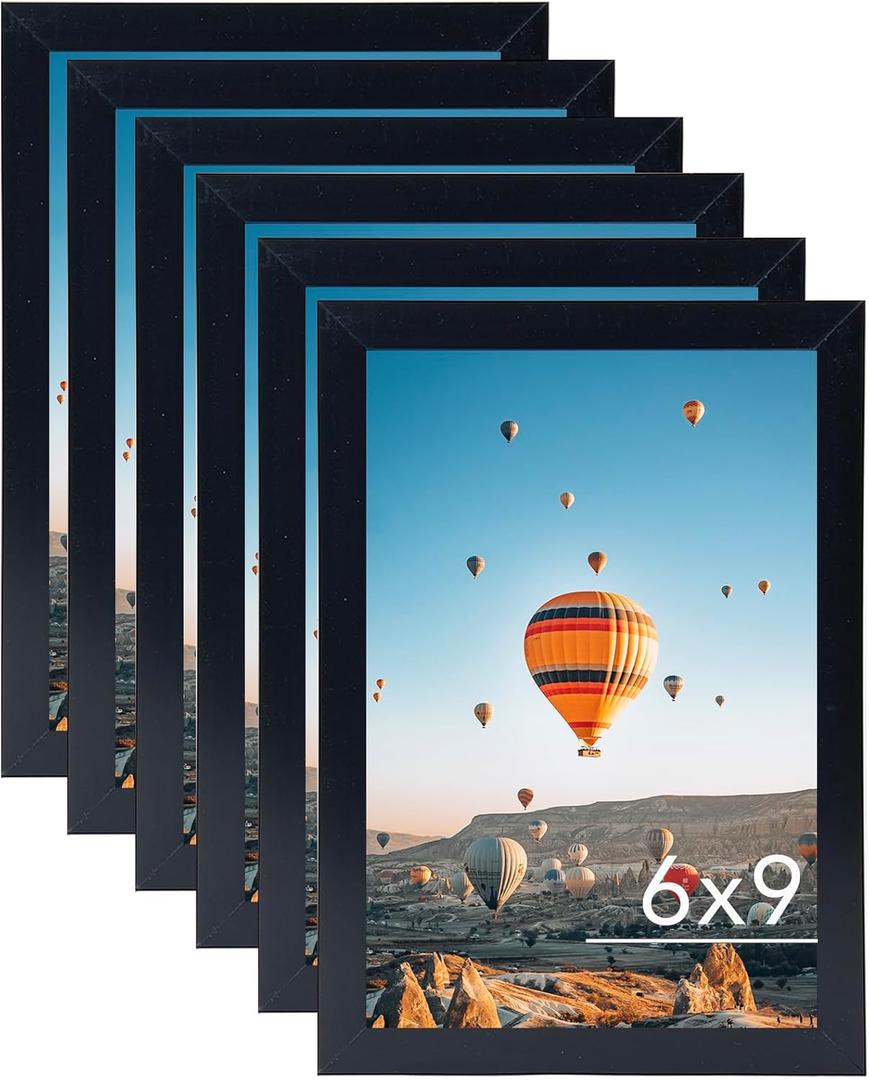 JCJMY 6x9 Picture Frame Set of 6 Black for Wall Hanging or Tabletop- Wall Mounting Horizontally or Vertically, 6 x 9 Wall Gallery Poster Photo Frames for 6 by 9 Photo,6 Pack, Black