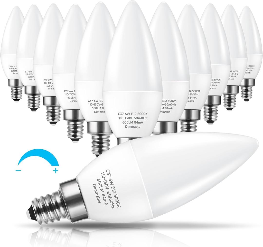 KINDEEP LED Candelabra Light Bulbs Dimmable 60 Watt Equivalent, Daylight 5000K, 600LM, E12 Candle Bulb Base 6W Ceiling Fan Lightbulbs Type B Bulb for Chandelier, Wall Sconces, 7 Packs