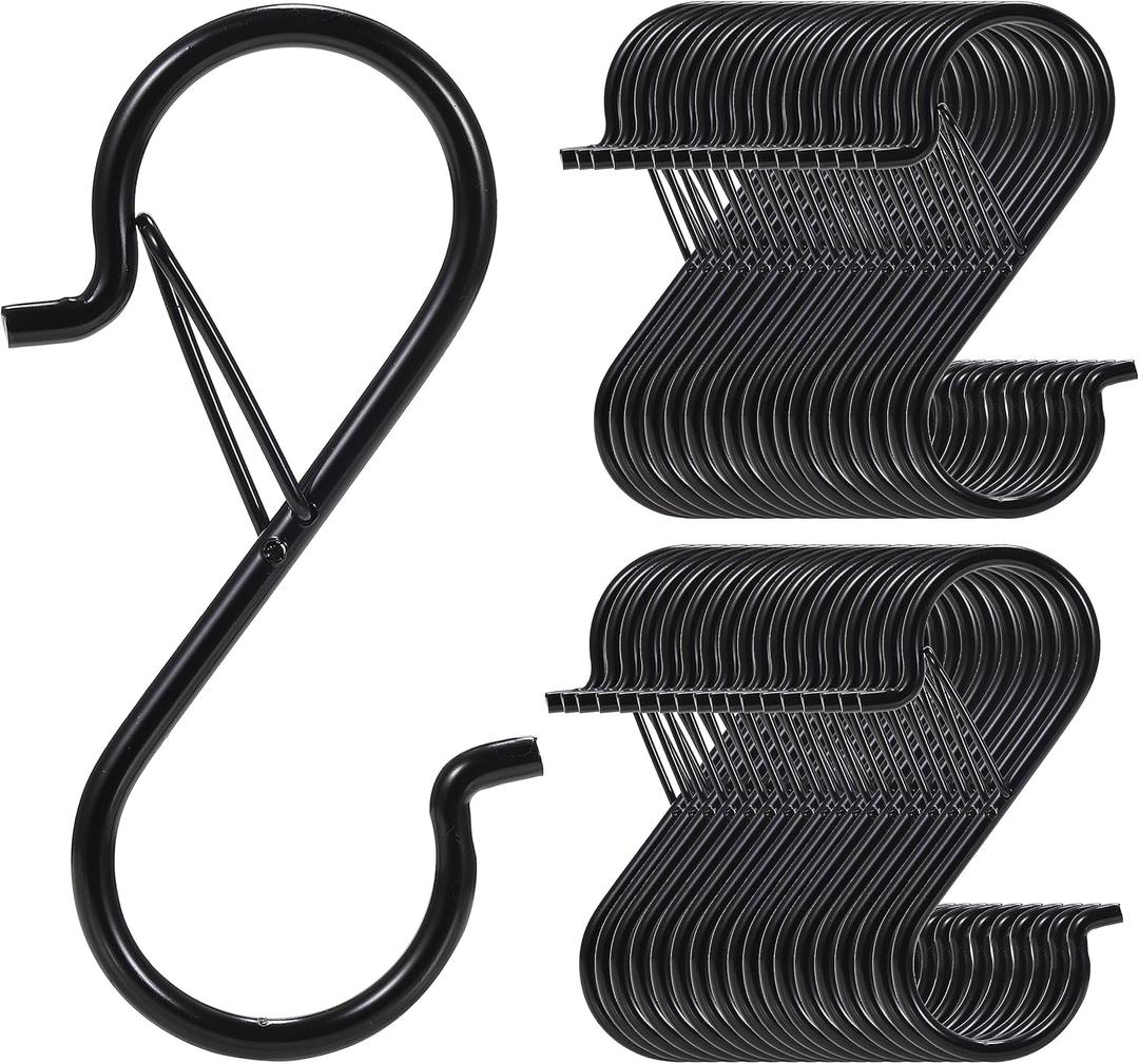 24 PCS S Hooks for Hanging with Safety Buckle, 3.5 inch Heavy Duty Metal S Shaped Hooks for Kitchen Utensil, Cups, Pots, Plants, Bags, Hats (Black)