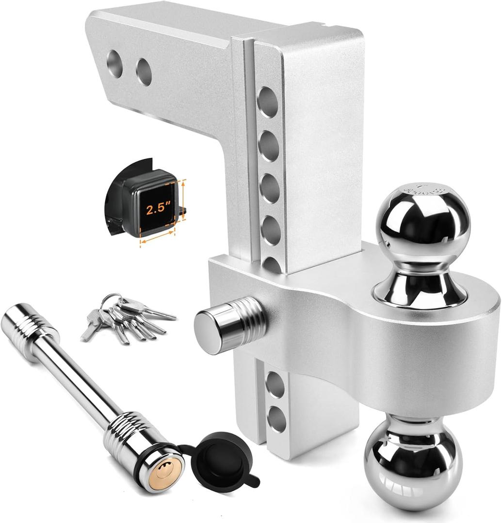 Adjustable Trailer Hitch - Tlvuvmo Aluminum Drop Hitch (Fits 2.5'' Receiver), 8 Inch Drop/Rise, 18,500 LBS GTW Heavy Duty Truck Hitch, (2'' & 2-5/16'') Chrome Plated Steel Balls - Tow Hitch Ball Mount