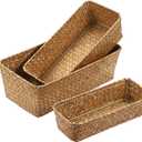 3 Natural Wicker Basket Set Rectangular Handwoven Seagrass Basket Storage Bins Home Organizer Bins - Household Basket Box for Shelf Wardrobe Desktop Home Decor (Caramel)