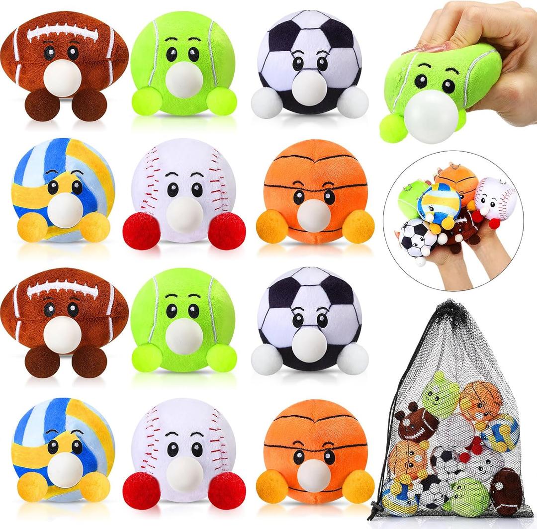 HyDren 12 PCS Sports Stress Balls Plush Squeeze Fidget Toys with Keychain, Large 3.15 Inch Spit Bubble Sensory Stress Balls, Anxiety Relief Toys, Sports Party Favor, Prize Box Goodie Bag Fillers