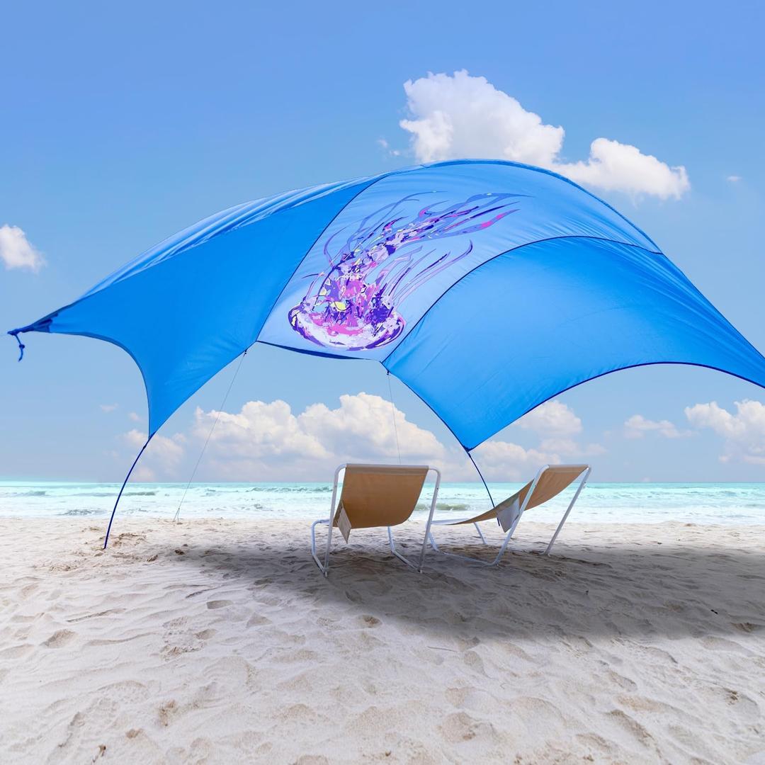 Beach Wind-Powered Shade Canopy, Portable Sun Shelter Tent, UPF 50+ UV Protection, Lightweight, Easy Set Up, 150 Sq. Ft. of Shade for up to 6 People, Regatta Jellyfish