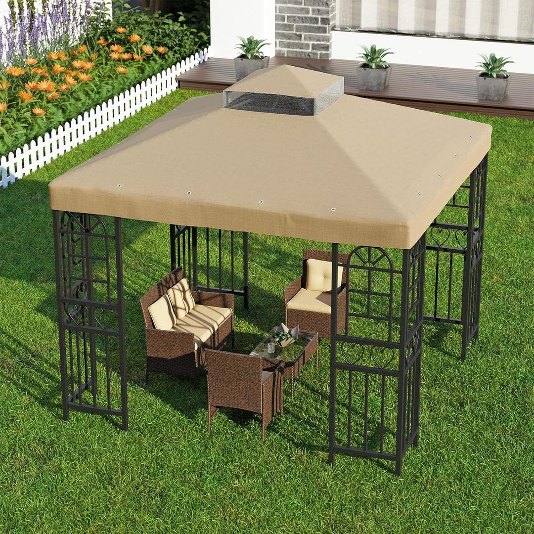 9.8'x9.8' Replacement Canopy Top Cover Only for Gazebo, Double Tiered Gazebo Covers for Outdoor Patio Garden Canopy Upgraded 2025 (Khaki)
