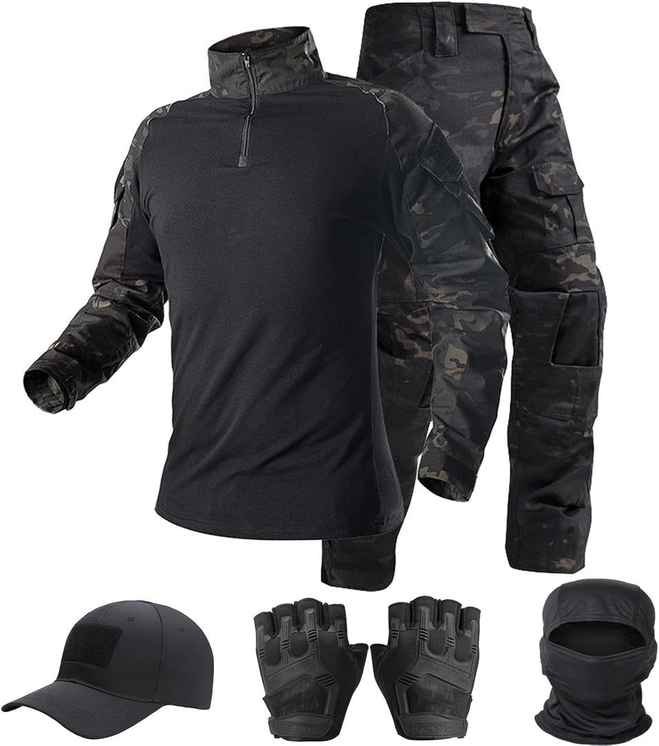 Tactical Suit,Combat Pants and Shirt,Cap Gloves Balaclava Set,Black Camo Uniform Men's Military Airsoft Gear, (Medium)