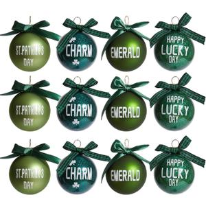 WDS WONDROUS 12-Piece St Patricks Day Ornaments Set, 4 Designs Green Glitter Glass Ball Decorations with Ribbon Bow for Christmas Tree Home Party Spring Decor, Irish Lucky Holiday (Green and White)