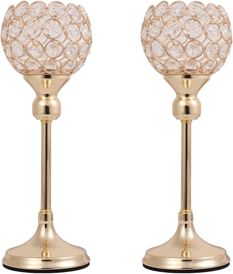 Vidisan Gold Crystal Tealight Candle Holders, Set of 2,Pillar Candle Holders Table Centerpieces for, Wedding, Home DecorParty Housewarming Gift (Gold11.8"&11.8")