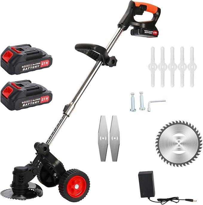 Electric Lawn Mower, 21V 2000mAh Batteries Supply Rechargeable D-Shaped Handle 2 Wheel Electric Lawn Mower 3 in 1 Brush Cutter Cordless Grass Trimmer (Black)