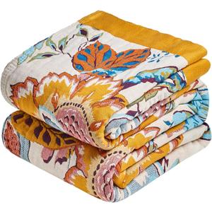Boho Throw Blanket - 60"x80" 100% Cotton Ultra Soft Lightweight Summer Blanket, 4-Layer Breathable Muslin Blankets for Bed Couch, Reversible Green Floral Butterfly Printed Bohemian Cotton Quilt