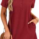 Rooscier Women's Button Down Collared Neck Side Pockets Short Sleeves Casual Mini Dress (Medium)