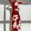 Verdusa Women's Floral Wedding Guest Dress Long Sleeve Mesh Maxi Dresses (Red, M)