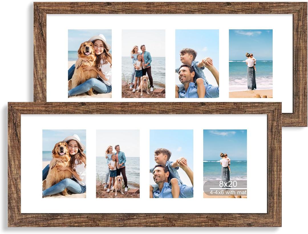 Hongkee 8x20 Picture Frame Set of 2, Rustic Brown Wood Frame with Tempered Glass Collage Frame, Display Pictures Four 4x6 With Mat or 8 x 20 Without Mat - Horizontal or Vertical Wall Mounting