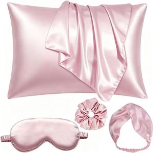 Satin 5-Piece Pillow Cover Sleep Mask Set Silky Pillowcase Eye Mask Scrunchies Set Pillowslip Blindfold with Headband Eye Patch Gift Set for Men Women (Pink)