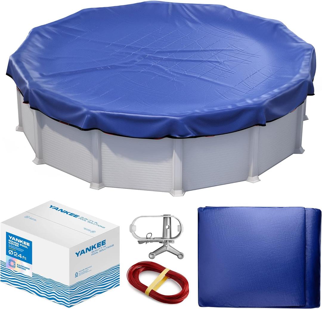 Winter Pool Cover 24 ft Round for Above Ground | Extra Thick & Durable Above-Ground Pool Cover | Sapphire Series of Premium Cold- and UV-Resistant Pool Cover | by Yankee Pool Pillow (Blue)