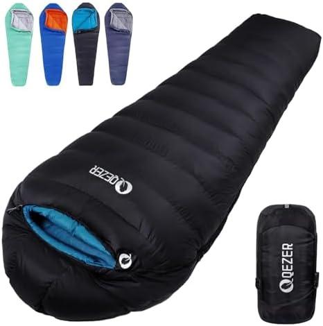 QEZER Down Sleeping Bag for Adults 0°F 10°F 15°F 20°F Backpacking Sleeping Bag for Cold Weather with Compression Sack Black and Blue