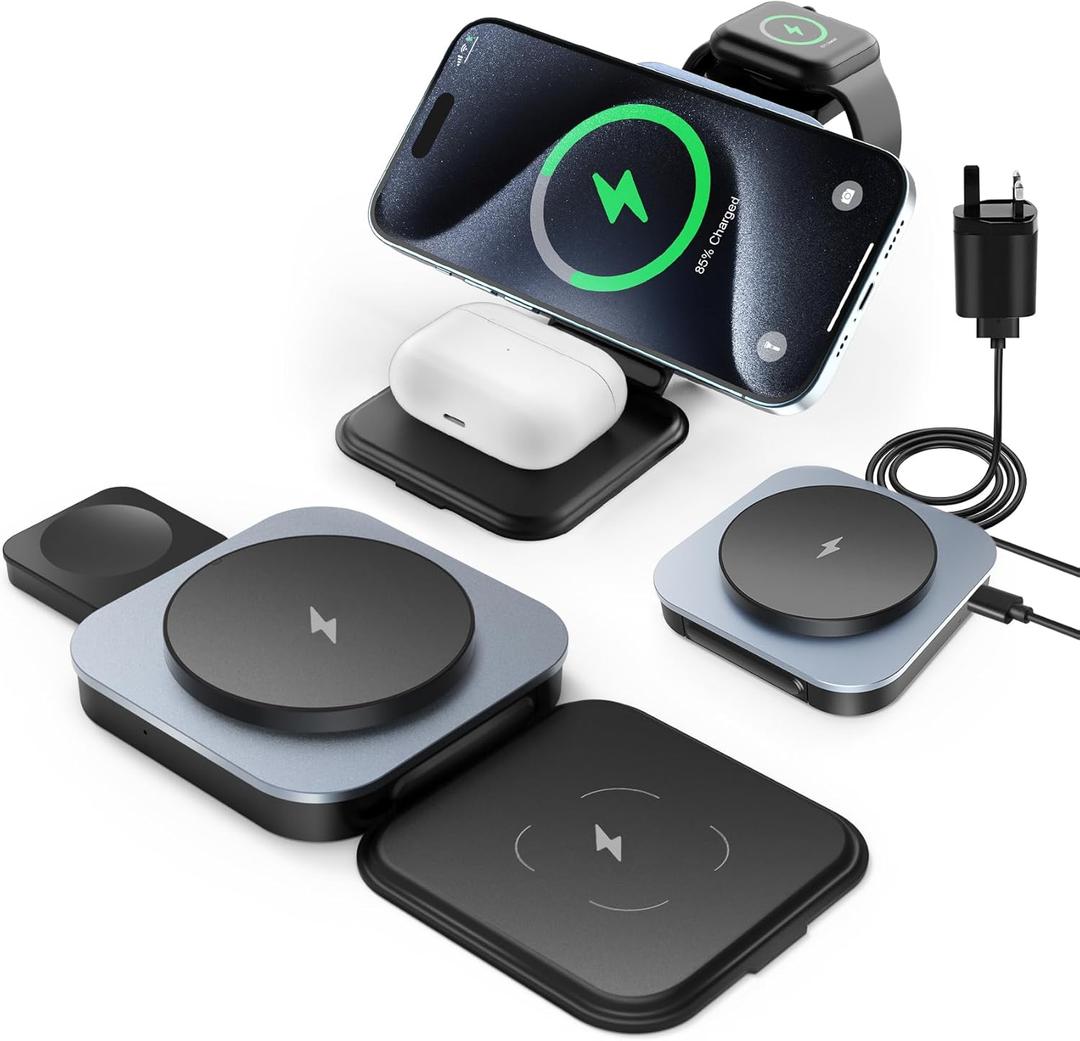 Ufanore Wireless Charger, 3 in 1 Foldable Portable Mag-Safe Charger Station for iPhone, Magnetic Wireless Charger Stand Compatible with iPhone 16/15/14/13/12 series, Apple Watch and AirPods