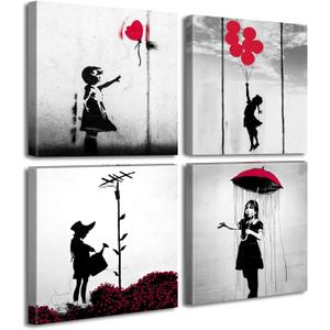 DJSYLIFE Banksy Canvas Wall Art Girl with Red Balloon Street Graffiti Wall Decor There is Always Hope Nola Abstract Artwork Black and Grey Modern Home Office Decorations 12" W x 12" H 2 Pieces