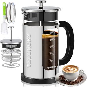 French Press Coffee Maker 34oz / 1 Quart 304 Stainless Steel Coffee Press,with 4 Filters System, Heat Resistant Thickness Borosilicate Glass, Brewed Coffee Pot (Silvery)