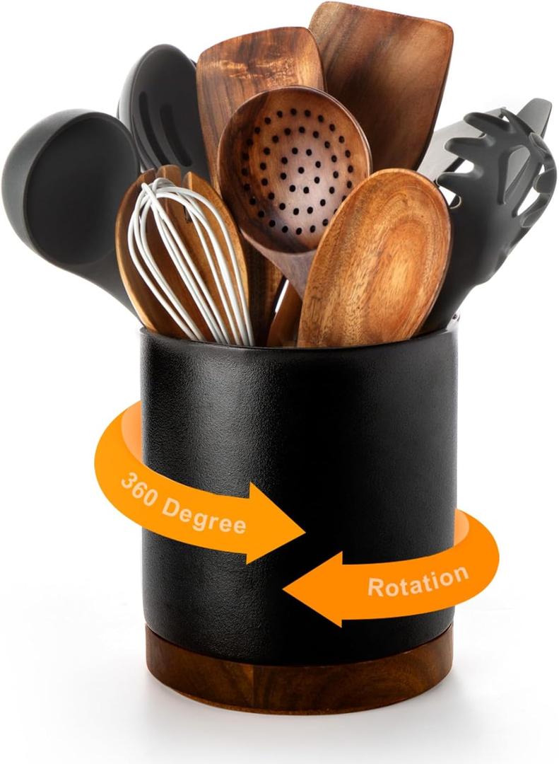 Nucookery 360Rotating Utensil Holder, 7.2" Kitchen Utensil Crock, Ceramic Cooking Utensil Organizer with Countertop-Protection Cork Bottom for Farmhouse Kitchen Decor Christmas (Stone Black)