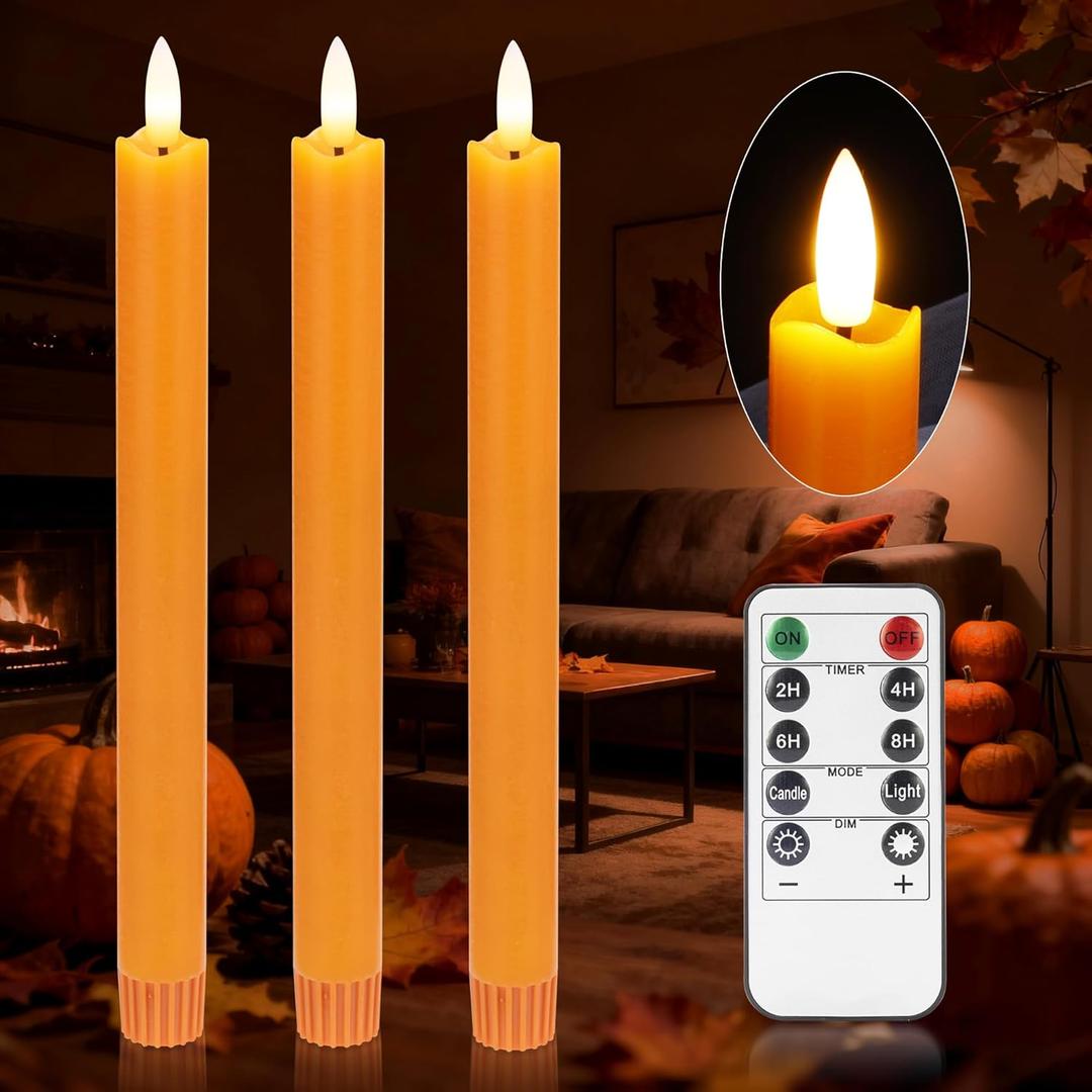 Fall Flameless Orange Taper Candles with Remote, LED Candlesticks with Realistic 3D Flickering Flame, 3-Pack Real Wax Fake Candles, Thanksgiving & Harevst & Halloween Decor for Home