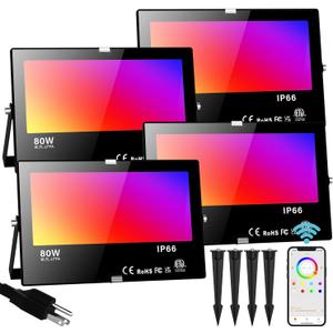 LED Flood Light Outdoor 800W Equivalent Bluetooth Smart Color Changing RGB Spot Light DIY-Scene+RGB+2700K Warm White APP & Group Control & Timing IP66 Waterproof 4Pack (Bluetooth-80w-4pack with stake)