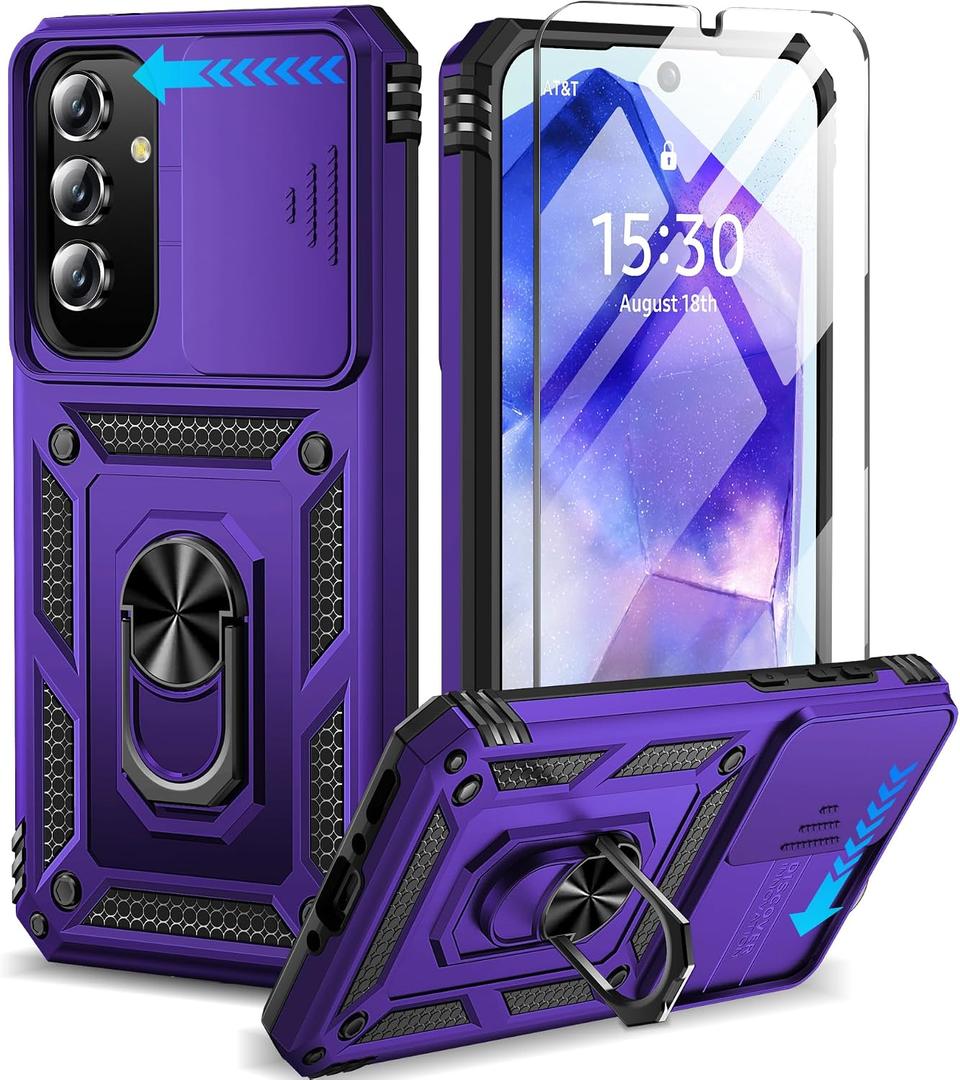 BaHaHoues for Samsung Galaxy A35 5G Case with Screen Protector & Slide Camera Lens Cover, Built-in 360 Rotate Magnetic Ring Stand, Shockproof Protective Phone Case for Samsung A35 5G (Purple)