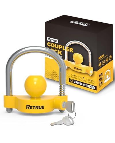 RETRUE Universal Coupler Lock Trailer Locks Ball Hitch Trailer Hitch Lock Adjustable Security Heavy-Duty Steel Fits 1-7/8 Inch, 2 Inch, 2-5/16 Inch Couplers, Bright Yellow, Light Weight