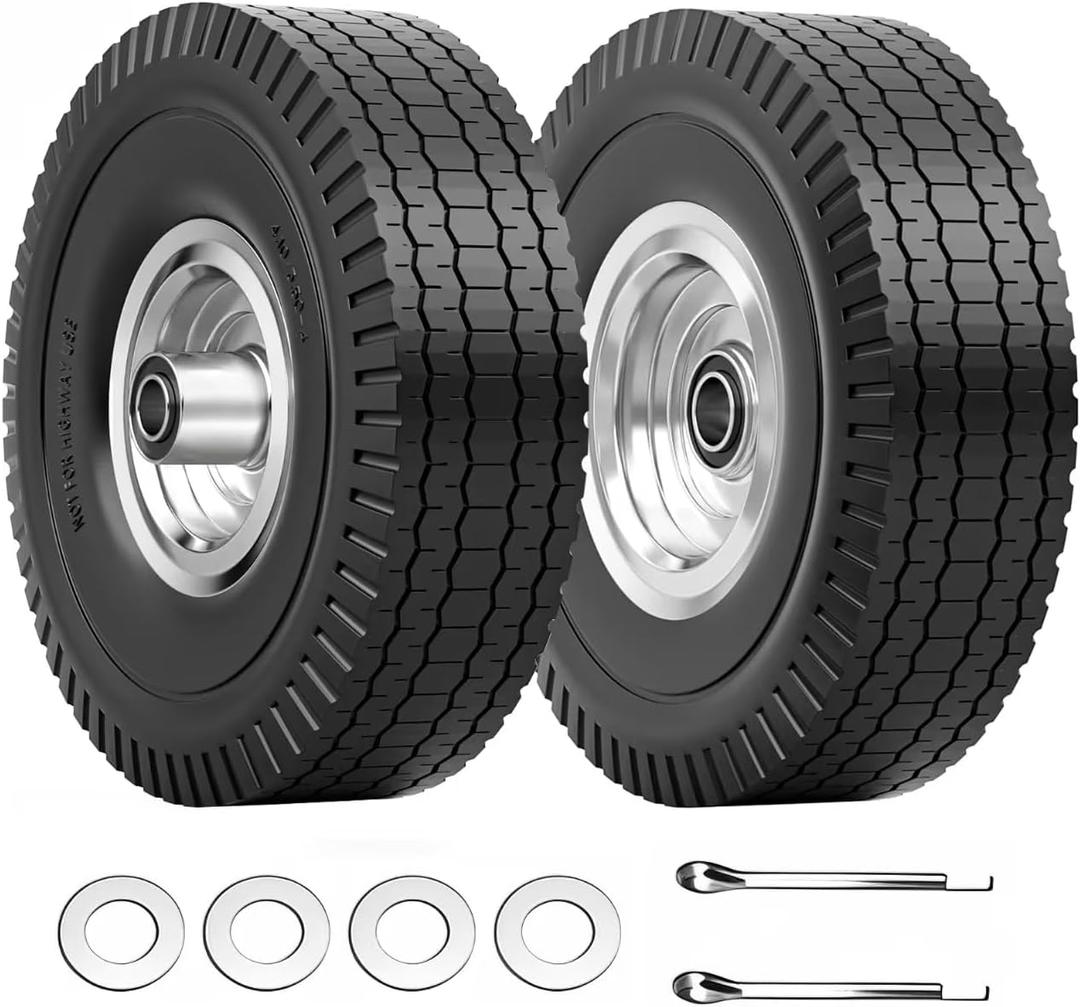 4.10/3.50-4 Tire & Wheel Flat Free, 2 Pcs Heavy Duty Solid PU Non-inflated Tires with Double Sealed Bearings, 5/8 in Axle Bore Hole & 2.15 in Offset Hub for Dolly/Garden Cart/Wheelbarrow/Wagon, 2 Pack Tires