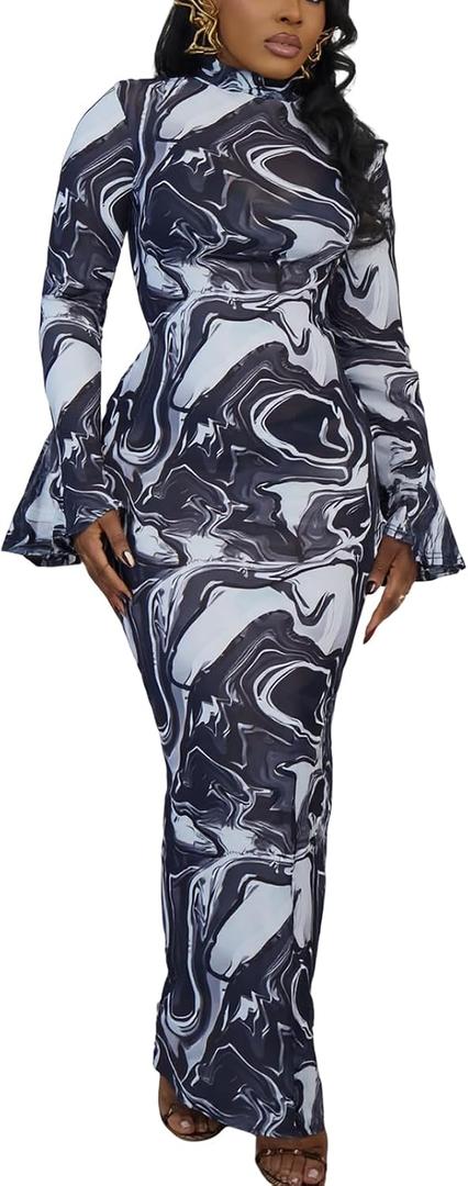 Women Sexy Long Sleeve Maxi Dress Mock Neck Mesh Print Bodycon Y2K Dress Elegant Cocktail Night Out Club Dresses (M)