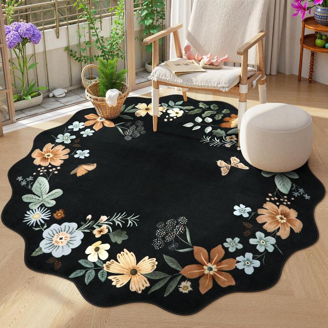 Lahome Floral Washable Round Rugs, Non-Slip Soft Round Rug 4ft Ultra-Thin, Small Boho Circle Carpet for Entryway Kitchen Bedroom Nursery Bathroom Flore, Black/Grey