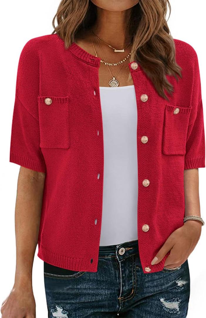 BTFBM Short Sleeve Cardigans for Women Button Up Sweaters Y2k Spring Summer 2025 Crew Neck Business Casual Work Clothes (Large, Red)