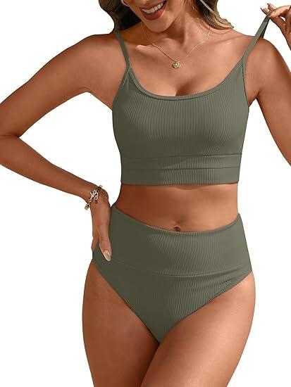 ANRABESS Women’s High Waisted Bikini Sets,Color Block 2 Piece Swimsuits,Tummy Control Bathing Suits,Thick Ribbed Beach Wear, M, Army Green