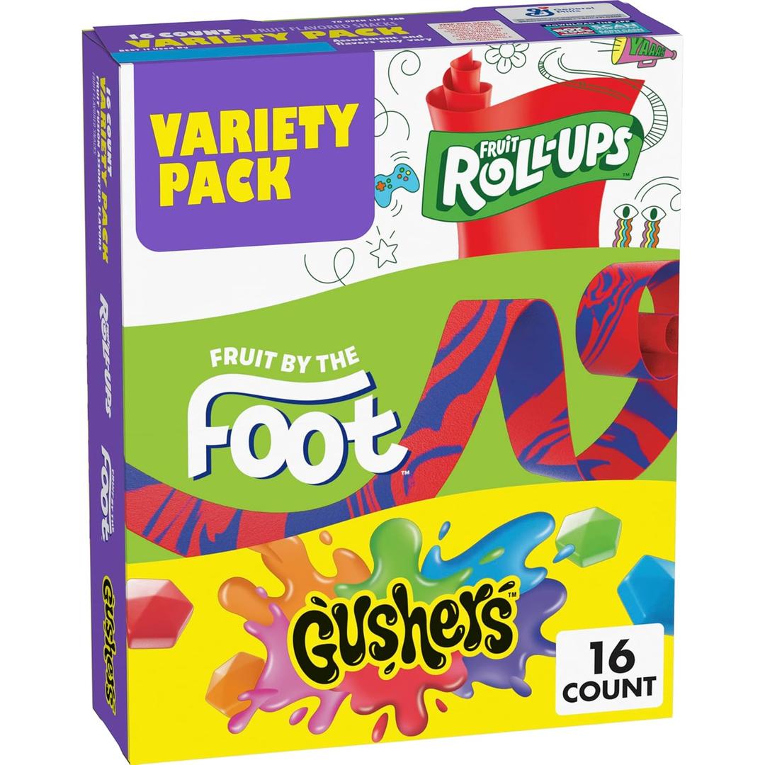 Variety Pack - Fruit by the Foot, Fruit Roll-Ups, Gushers, Fruit Flavored Snacks, Gluten Free Gummy Kids Snack, Good Source of Vitamin C, 16 Individually Wrapped Pouches, Perfect for On The Go, 10.2 oz Box Variety Pack - Fruit by the Foot, Fruit Roll-Ups, Gushers, Fruit Flavored Snacks, Gluten Free Gummy Kids Snack, Good Source of Vitamin C, 16 Individually Wrapped Pouches, Perfect for On The Go, 10.2 oz Box
