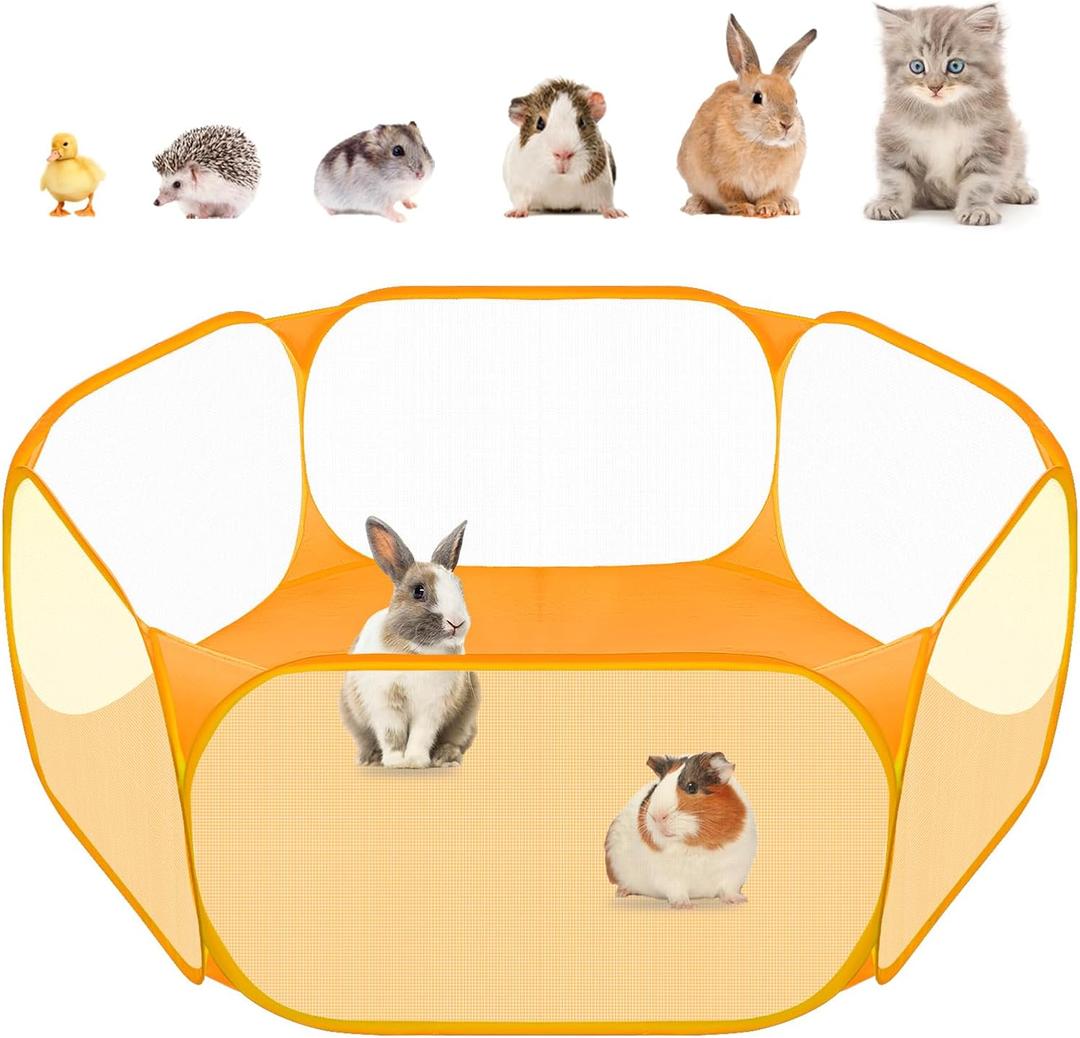 Amakunft Small Animal Playpen, Pop-Up Portable Play Yard for Guinea Pigs, Rabbits, Hamsters, Hedgehogs, Foldable Exercise Fence with Breathable Mesh for Indoor Outdoor Use (Orange)