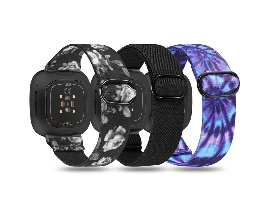 TOYOUTHS 3 Packs Compatible with Fitbit Sense/Sense 2/Versa 3/Versa 4 Bands Women Men Elastic Adjustable Nylon Fabric Strap Scrunchies Solo Loop Stretchy Bracelet Wristband, Black+Grey Floral+Tie Dye