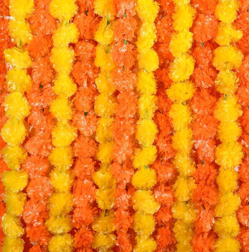 Tigeen 20 Pcs Marigold Garland for Decoration 4 Feet Artificial Marigold Flowers Mantle Decoration Indian Marigold Flowers Faux Garlands for Wedding Party House Warming Decor (Yellow, Orange)