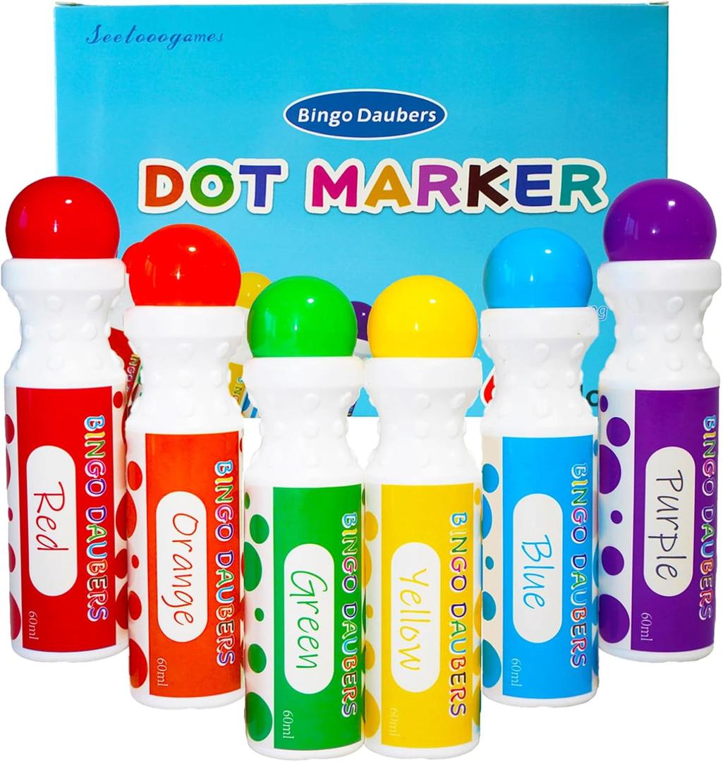 SEETOOOGAMES Bingo Daubers Dot Markers - Mixed Colors Set of 6 Pack - for Toddler Arts and Crafts (Red, Orange, Yellow, Green, Blue and Purple)