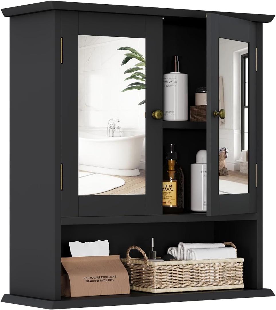 Smuxee Bathroom Wall Cabinet with Mirrors, Black Medicine Cabinet with Adjustable Shelves, Over Toilet Cabinet for Laundry Room, Kitchen